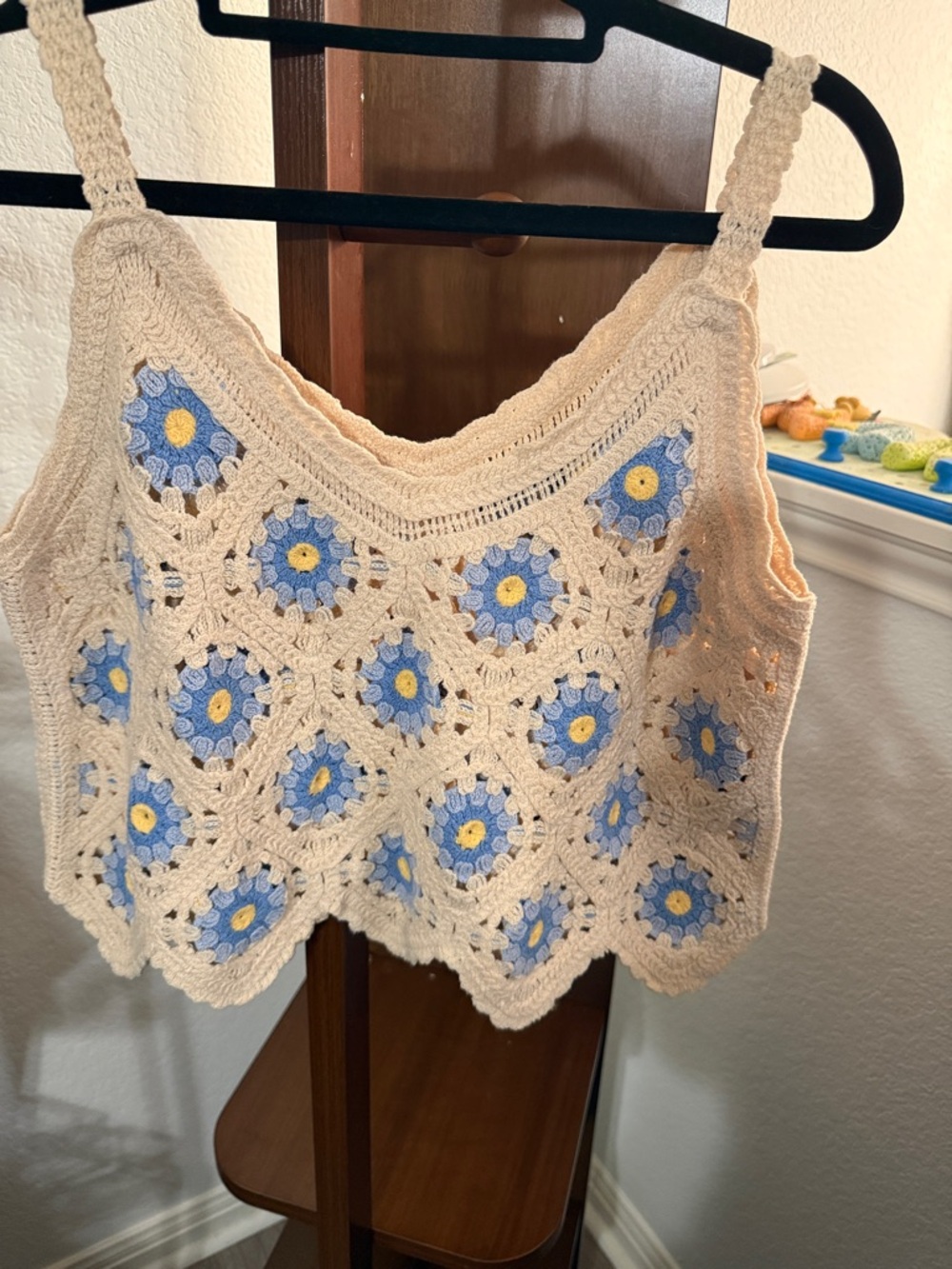 Cream Crochet Floral Tank Top with Blue Accents -#015S